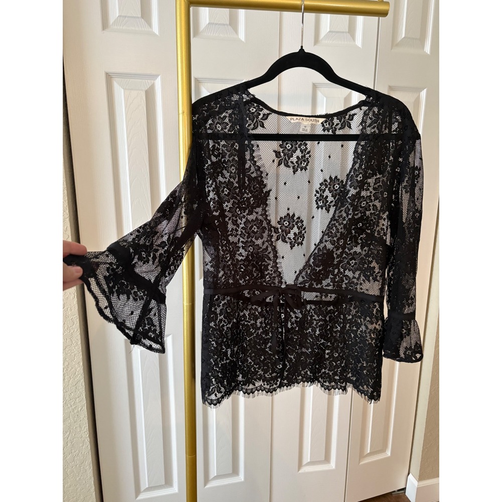 Black Top Floral Lace Sheer Tie Front Bell Sleeve Cardigan Whimsigoth Witchy